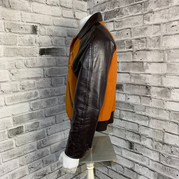 Vintage Varsity Bomber Jacket 44 Brown Wool Leather Quilt Lined Miners Union - Picture 5 of 13